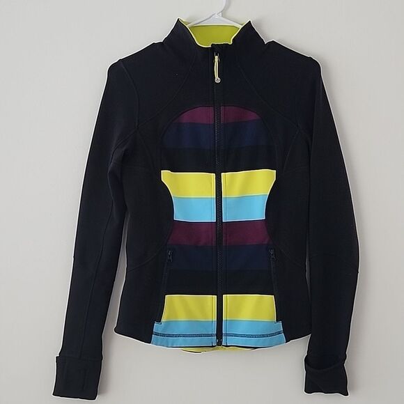 Lululemon Forme Black Colorful Stripes Logo Athletic Running Jacket 6 - Picture 2 of 7